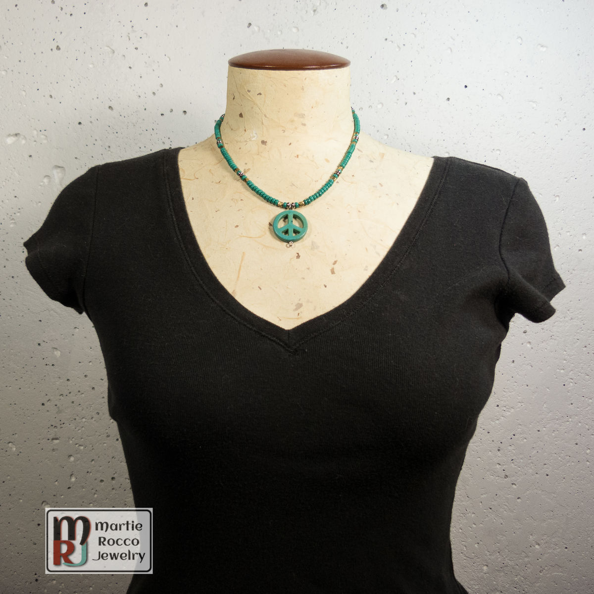 Peace pendant necklace green turquoise and brass - Martie Rocco Jewelry