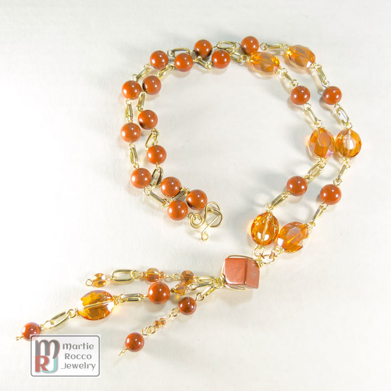Long Red Jasper and faceted glass crystal gold chain Necklace - product images  of 