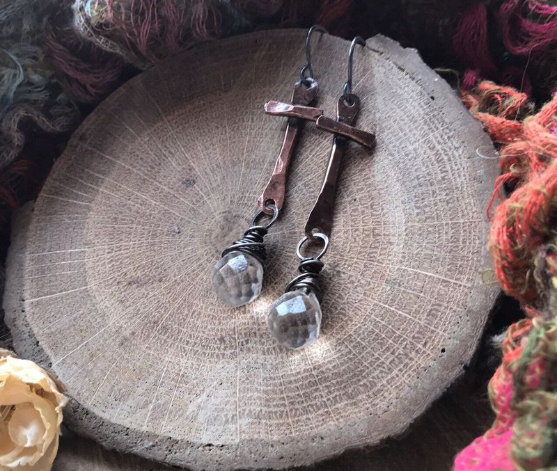 Copper Cross Quartz Earrings - Cross Jewelry - product images  of 