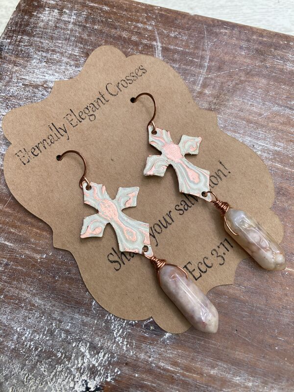 Distressed Agate Copper Cross Earrings | Religious Jewelry - product image  