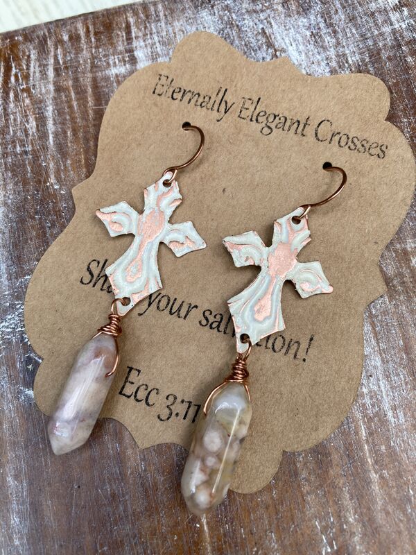 Distressed Agate Copper Cross Earrings | Religious Jewelry - product image  