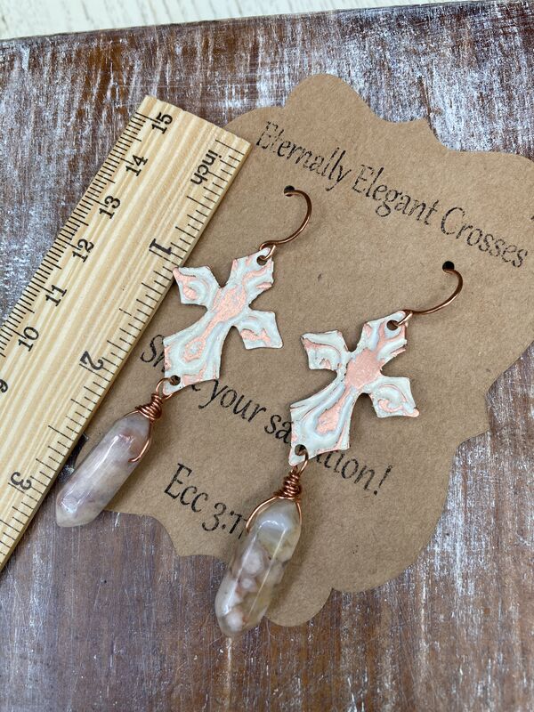Distressed Agate Copper Cross Earrings | Religious Jewelry - product image  