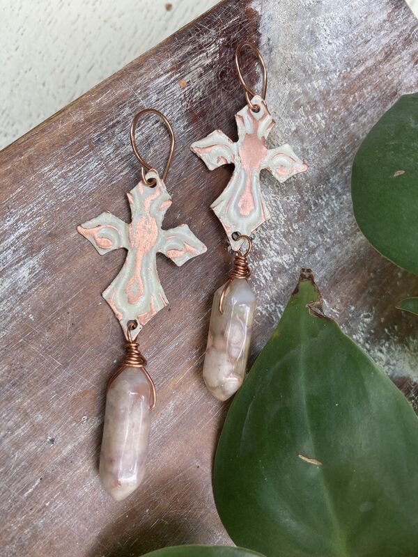 Distressed Agate Copper Cross Earrings | Religious Jewelry - product image  