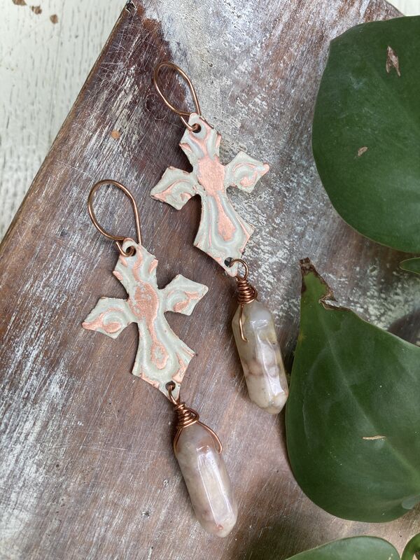 Distressed Agate Copper Cross Earrings | Religious Jewelry - product image  