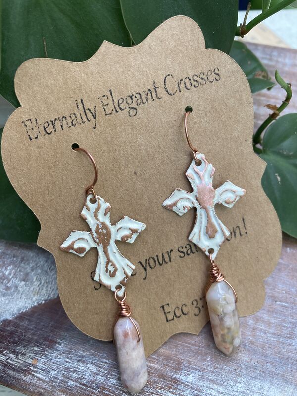 Distressed Agate Copper Cross Earrings | Religious Jewelry - product image  