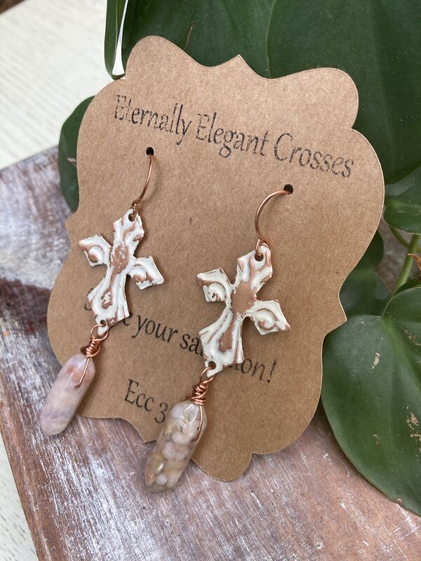 Distressed Agate Copper Cross Earrings | Religious Jewelry - product image  