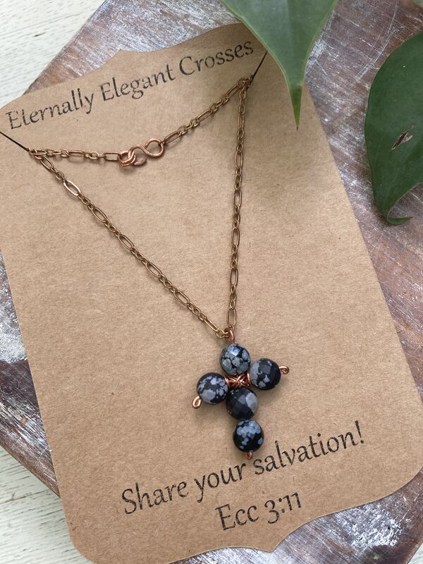 Black Snowflake Jasper Faceted Coin Cross Copper Necklace | 18in - product image  