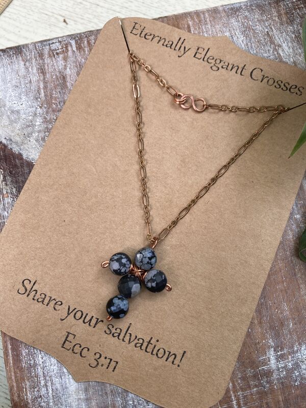 Black Snowflake Jasper Faceted Coin Cross Copper Necklace | 18in - product image  