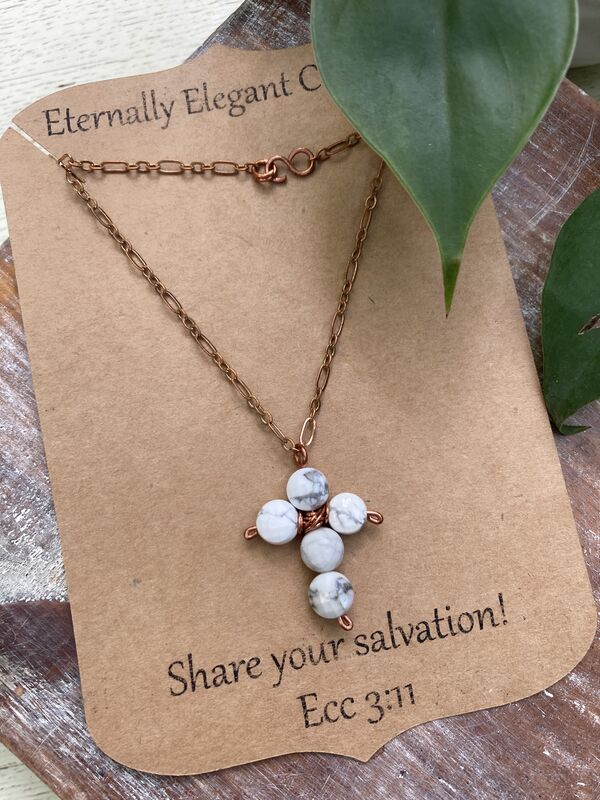 White Agate Coin Gemstone Cross Copper Necklace | 18in - product image  