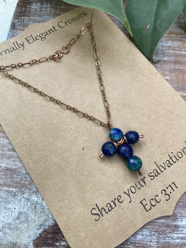 Blue Chrysocolla Faceted Coin Gemstone Cross Copper Necklace | 18in - product image  