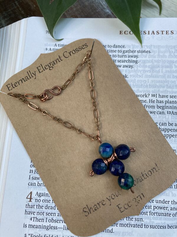 Blue Chrysocolla Faceted Coin Gemstone Cross Copper Necklace | 18in - product image  