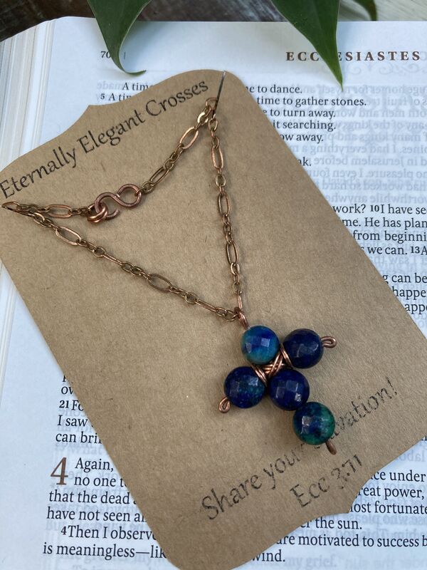 Blue Chrysocolla Faceted Coin Gemstone Cross Copper Necklace | 18in - product image  