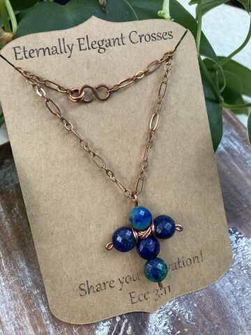 Blue,Chrysocolla,Faceted,Coin,Gemstone,Cross,Copper,Necklace,|,18in,copper jewelry, slow fashion, buy less but better, religious jewelry, christian gift, cross jewelry, crosses, women gifts, mom gifts, daughter gifts, wedding gifts, coppersmith, beaded cross, gemstone cross, gemstones, gemstone jewelry, small business, fa