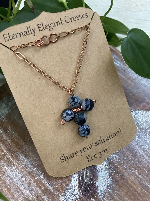 Black Snowflake Jasper Faceted Coin Cross Copper Necklace | 18in - product image  
