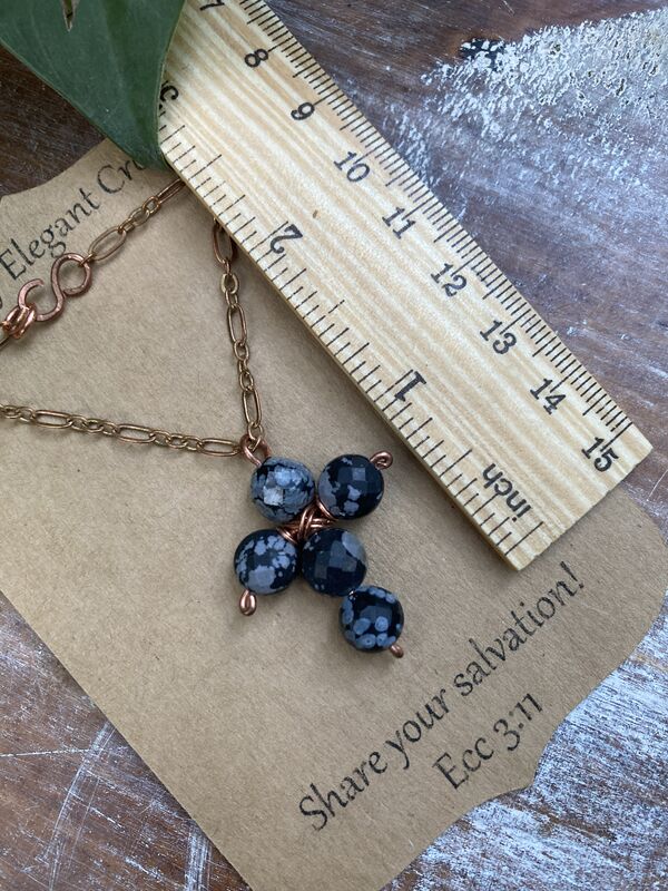 Black Snowflake Jasper Faceted Coin Cross Copper Necklace | 18in - product image  