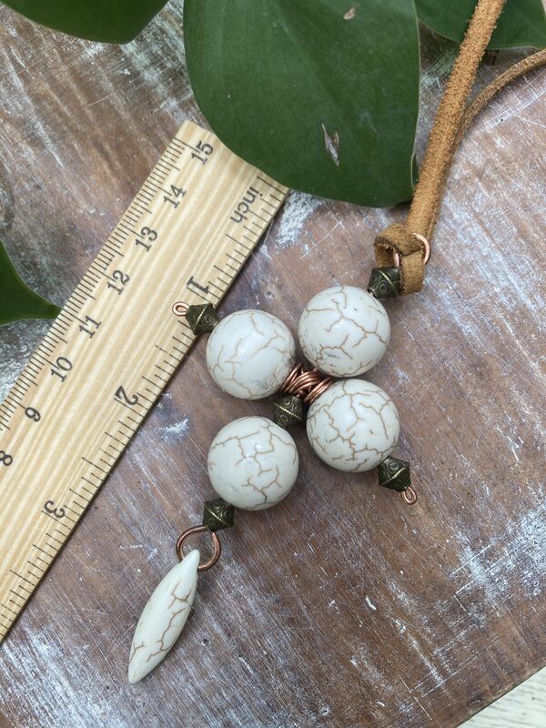 Cross Necklace - Howlite Gemstone Necklace - Leather Necklace - product image  