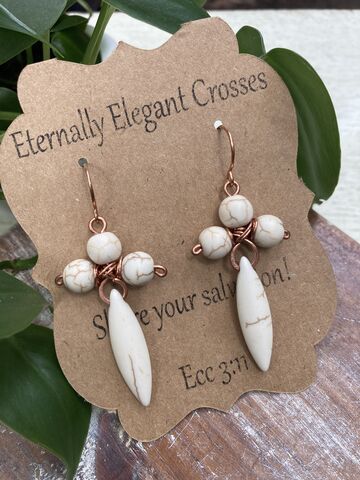 Howlite,Cross,Copper,Earrings,-,Long,copper jewelry, God is Love, Talk to God, carry your cross, pick up your cross, slow fashion, buy less but better, religious jewelry, christian gift, cross jewelry, crosses, women gifts, mom gifts, daughter gifts, wedding gifts, coppersmith, beaded cross