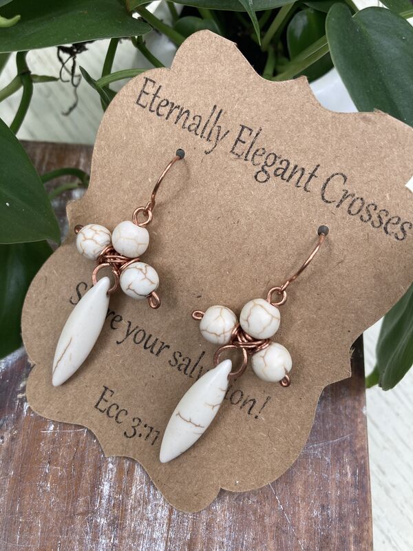 Howlite Cross Copper Earrings - Long Earrings - Howlite Earrings - Copper Earrings - product image  