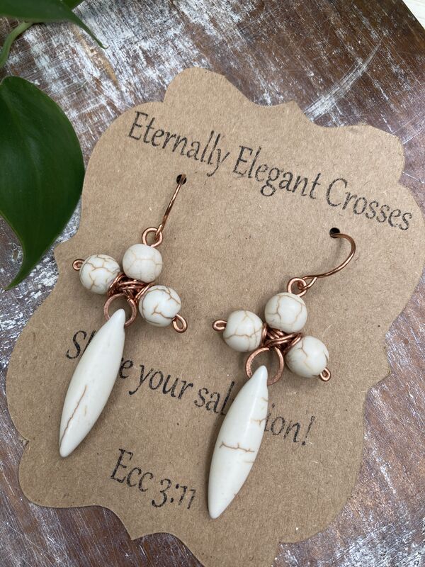 Howlite Cross Copper Earrings - Long Earrings - Howlite Earrings - Copper Earrings - product image  