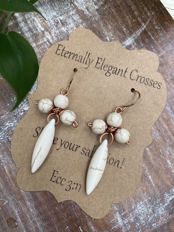 Howlite Cross Copper Earrings - Long Earrings - Howlite Earrings - Copper Earrings - product image  