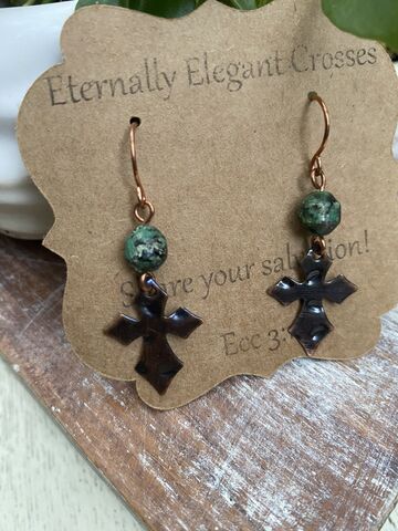 African,Turqoiuse,Copper,Cross,Earrings,copper jewelry, God is Love, Talk to God, carry your cross, pick up your cross, slow fashion, buy less but better, religious jewelry, christian gift, cross jewelry, crosses, women gifts, mom gifts, daughter gifts, wedding gifts, coppersmith, beaded cross