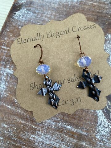Opal,Copper,Cross,Earrings,copper jewelry, God is Love, Talk to God, carry your cross, pick up your cross, slow fashion, buy less but better, religious jewelry, christian gift, cross jewelry, crosses, women gifts, mom gifts, daughter gifts, wedding gifts, coppersmith, beaded cross