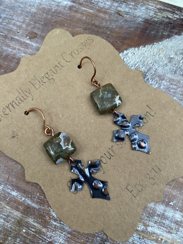 Forest Jasper Copper Cross Earrings - product image  