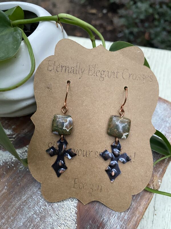 Forest Jasper Copper Cross Earrings - product image  