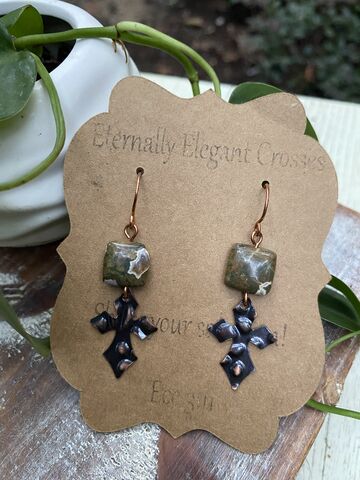 Forest,Jasper,Copper,Cross,Earrings,copper jewelry, God is Love, Talk to God, carry your cross, pick up your cross, slow fashion, buy less but better, religious jewelry, christian gift, cross jewelry, crosses, women gifts, mom gifts, daughter gifts, wedding gifts, coppersmith, beaded cross