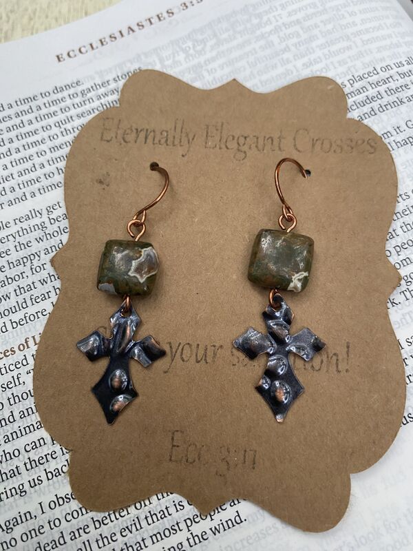 Forest Jasper Copper Cross Earrings - product image  