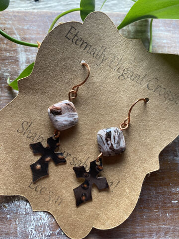 Purple,Bamboo,Agate,Copper,Cross,Earrings,copper jewelry, God is Love, Talk to God, carry your cross, pick up your cross, slow fashion, buy less but better, religious jewelry, christian gift, cross jewelry, crosses, women gifts, mom gifts, daughter gifts, wedding gifts, coppersmith, beaded cross