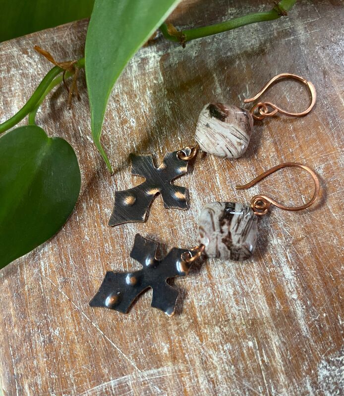Purple Bamboo Agate Copper Cross Earrings - product images  of 