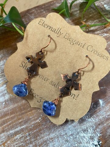 Blue,Sodalite,Copper,Cross,Earrings,copper jewelry, God is Love, Talk to God, carry your cross, pick up your cross, slow fashion, buy less but better, religious jewelry, christian gift, cross jewelry, crosses, women gifts, mom gifts, daughter gifts, wedding gifts, coppersmith, beaded cross