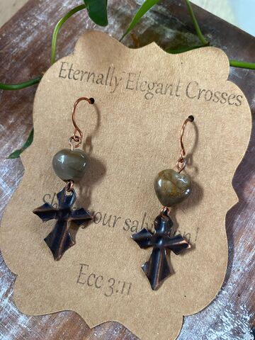 Jasper,Heart,Copper,Cross,Earrings,copper jewelry, God is Love, Talk to God, carry your cross, pick up your cross, slow fashion, buy less but better, religious jewelry, christian gift, cross jewelry, crosses, women gifts, mom gifts, daughter gifts, wedding gifts, coppersmith, beaded cross