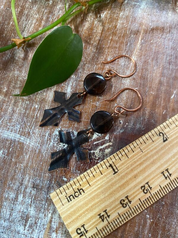 Smokey Quartz Coin Copper Cross Earrings - product images  of 