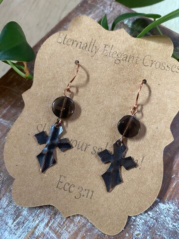 Smokey,Quartz,Coin,Copper,Cross,Earrings,copper jewelry, God is Love, Talk to God, carry your cross, pick up your cross, slow fashion, buy less but better, religious jewelry, christian gift, cross jewelry, crosses, women gifts, mom gifts, daughter gifts, wedding gifts, coppersmith, beaded cross