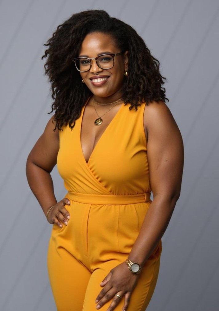 ND Burns wearing loose dreads, glasses, and a yellow one-piece. The yellow one-piece is a romper featuring a plunge neckline, no sleeves and full pants.