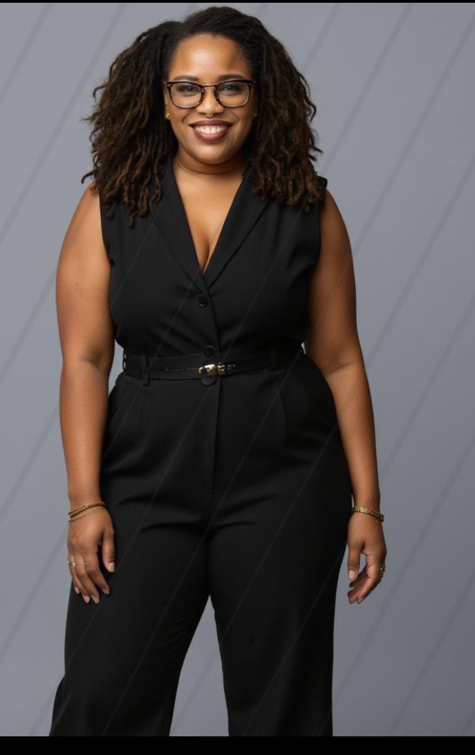 ND Burns is wearing loose dreads and glasses in a black one-piece romper with no sleeves, plunge neckline and full oants.