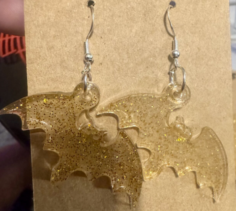 Bat,Statement,Earrings,Resin Bat Earrings, Gothic Jewelry, Halloween Earrings, Gold Glitter, Witchy Earrings, Spooky, Cute, Bat Dangles, Handmade Jewelry, Alternative Gift, Cottage Goth, Drop Earrings, Gold Earrings, Statement Earrings