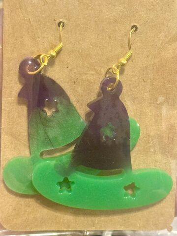 Wizard,Hat,Statement,Earrings,Wizard Hat Earrings, Witch Hat Dangles, Resin Wizard Jewelry, Magical Statement Earrings, Cottage Goth Accessories, Neon Green Purple Witch, Gold Plated Hypoallergenic, .925 Sterling Silver Hooks, Halloween Dangles, Spooky Season Jewelry, Goth Aesthetic E