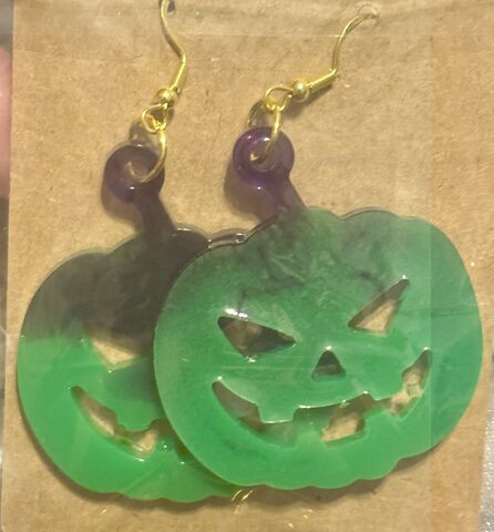 Jack-O'-Lantern,Statement,Earrings,Pumpkin Earrings, Jack-O-Lantern Dangles, Halloween Pumpkin Jewelry, Festive Fall Earrings, Spooky Season Accessories, Neon Green Purple Pumpkin, Gold Glitter Goth, Hypoallergenic Dangles, .925 Silver Hooks, Handmade Resin Pumpkin.