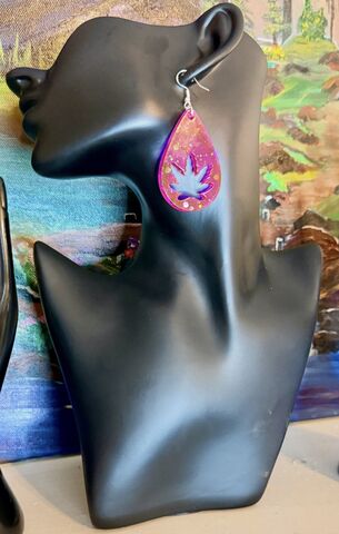 Ganja,Glam,Drop,Earrings,Cannabis leaf earrings, weed leaf jewelry, marijuana resin dangles, purple and gold glitter earrings, stoner jewelry, festival earrings, unique resin jewelry, 420 accessories, teardrop leaf earrings, psychedelic jewelry, handmade statement earrings, purpl
