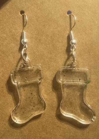 Tiny,Tinsel,Stockings,Christmas stocking earrings, clear resin holiday jewelry, gold glitter Christmas earrings, unique festive accessories, stocking stuffer jewelry, handmade resin Christmas, subtle holiday sparkle, winter fashion dangles, tiny stocking charms, clear and gold