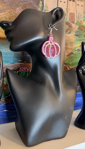 Glitter,Pumpkin,Dangles,Pumpkin earrings, fall jewelry, glitter resin, pink pumpkin, Halloween jewelry, unique novelty earrings, multicolor glitter, lightweight dangle, seasonal accessories, handcrafted.