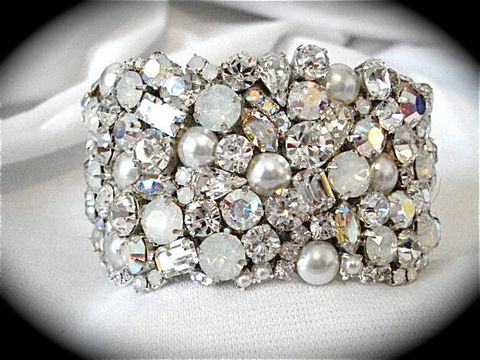 White Opal Crystal Bridal Statement Earrings The Rose White Opal And Pearl Crystal Bridal Cuff