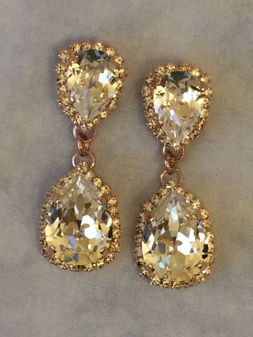 Rose Gold Swarovski Crystal Embellished Teardrop Earrings The Rose Gold Swarovski Crystal Embellished Double Teardrop Bridal Earrings