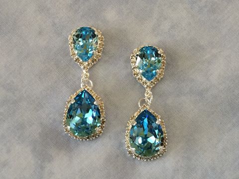 Aqua Swarovski Crystal Embellished Double Teardrop Bridal Earrings Aqua Swarovski Crystal Embellished Double Teardrop Bridal Earrings