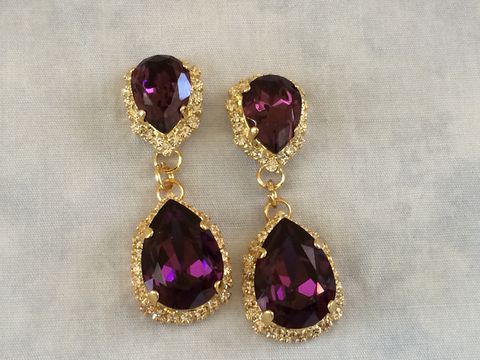 Deep Purple Swarovski Crystal Bridesmaid Cuff The Rose Amethyst Purple Swarovski Crystal Embellished Double Teardrop Bridal Earrings