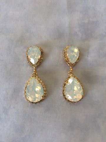 White Opal Crystal Bridal Statement Earrings The Rose White Opal Swarovski Crystal Embellished Double Teardrop Bridal Earrings