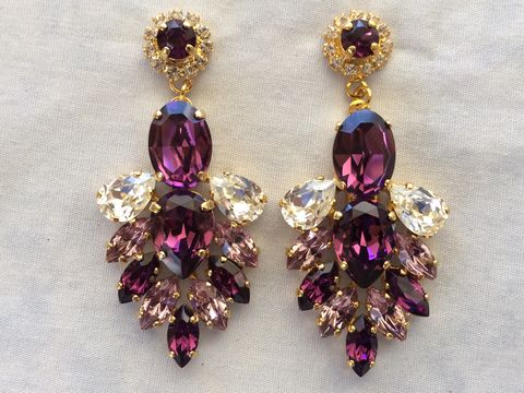 Blush Rose Gold Crystal Wedding Cuff Bracelet The Amethyst Swarovski Crystal Statement Dangle Earrings